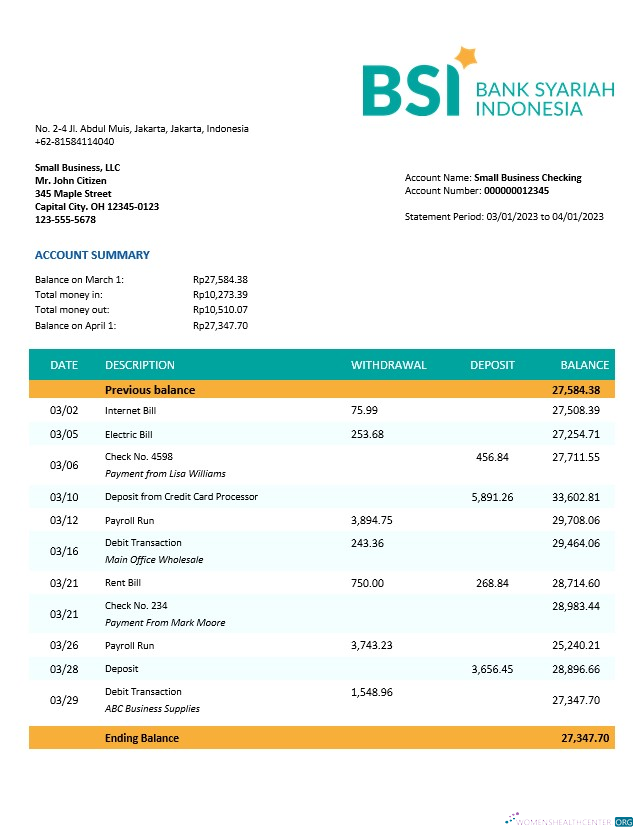 BANK Syariah Indonesia organization checking account statement Word and PDF template